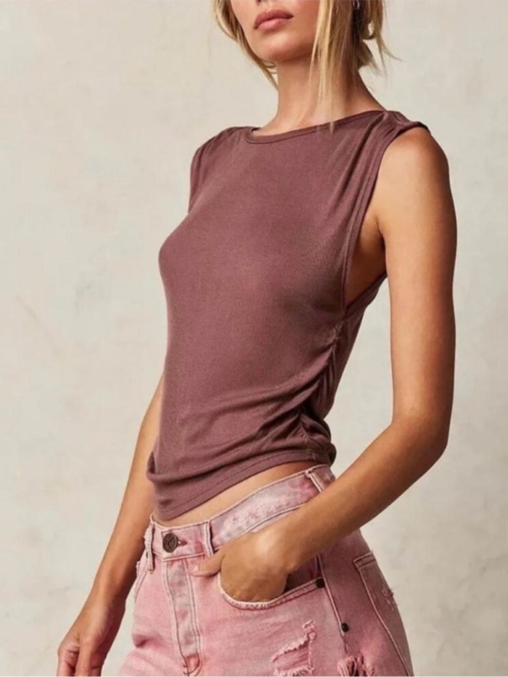 Free People Intimately Mauve Ruched Boatneck Muscle Tank Size S